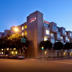 Exterior of the hotel at dusk