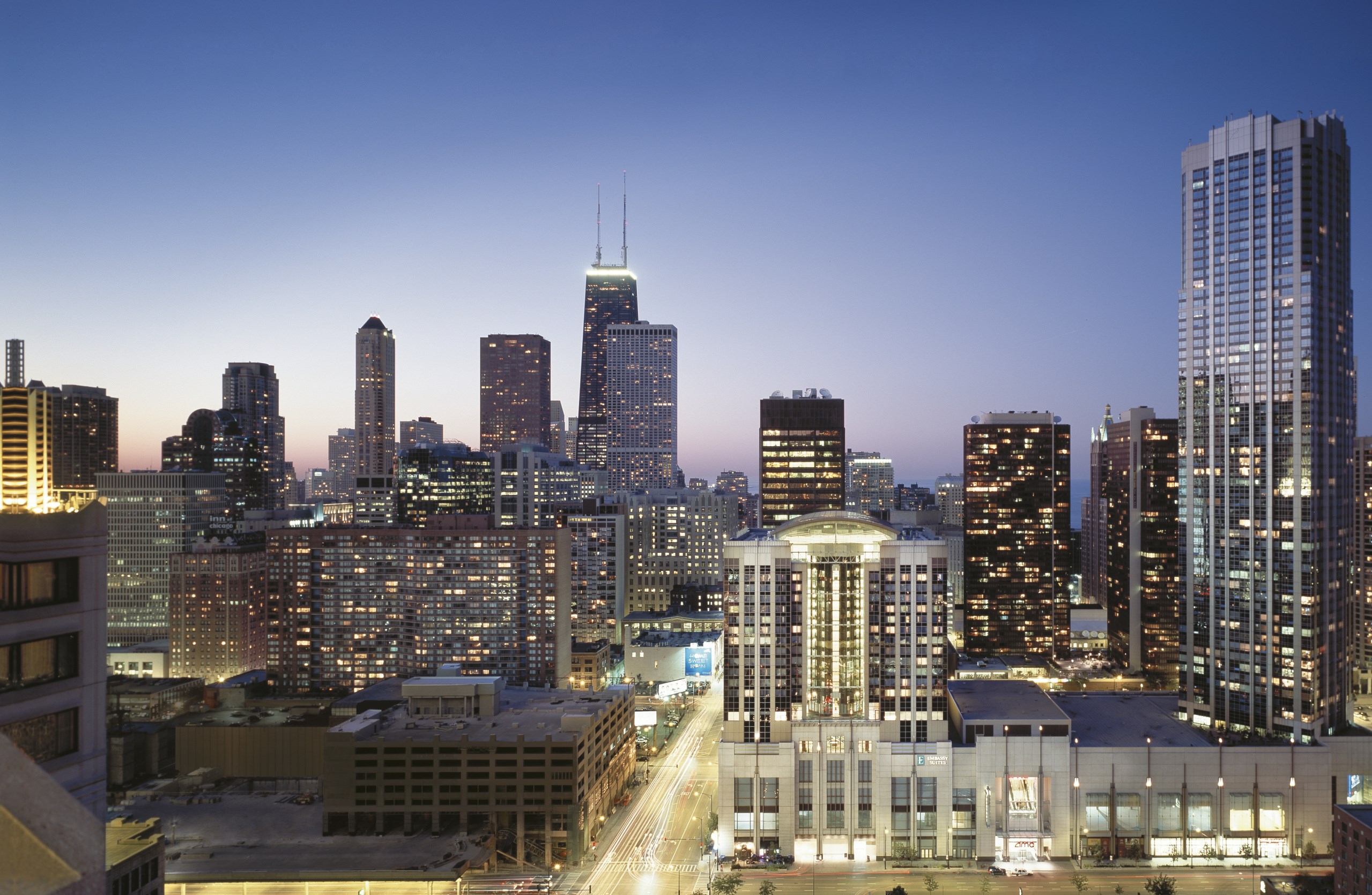 Aerial of building and surrounding areas at dusk"Most Commonly Used" property view